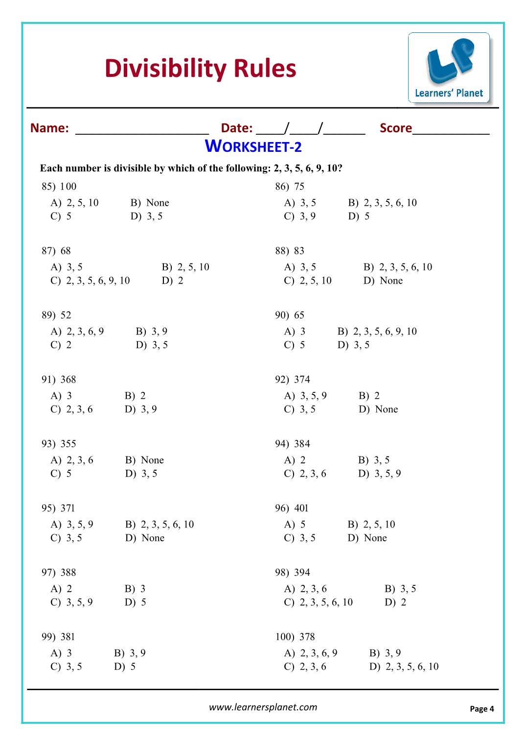 Factors And Multiples Worksheet For Class 5 Cbse